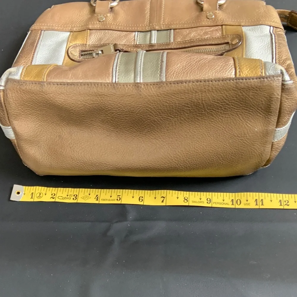Tignanello Leather Tote Bag Brown Gold Silver Striped Shoulder Bag